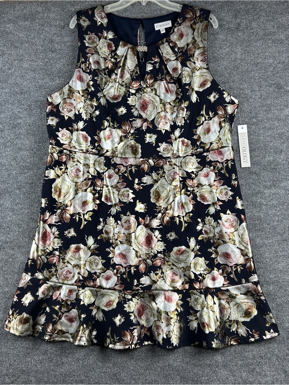 NWT Luxology Navy Gold Metallic Floral Jacquard Ruffle Cocktail Dress Size 2X